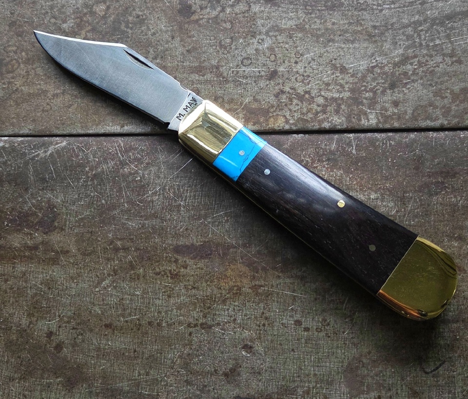 Double Bolstered Clip Point Pocket Knife - Ebony and Turquoise