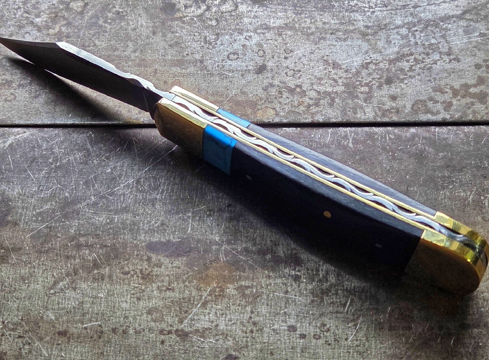 Double Bolstered Clip Point Pocket Knife - Ebony and Turquoise - Image 2