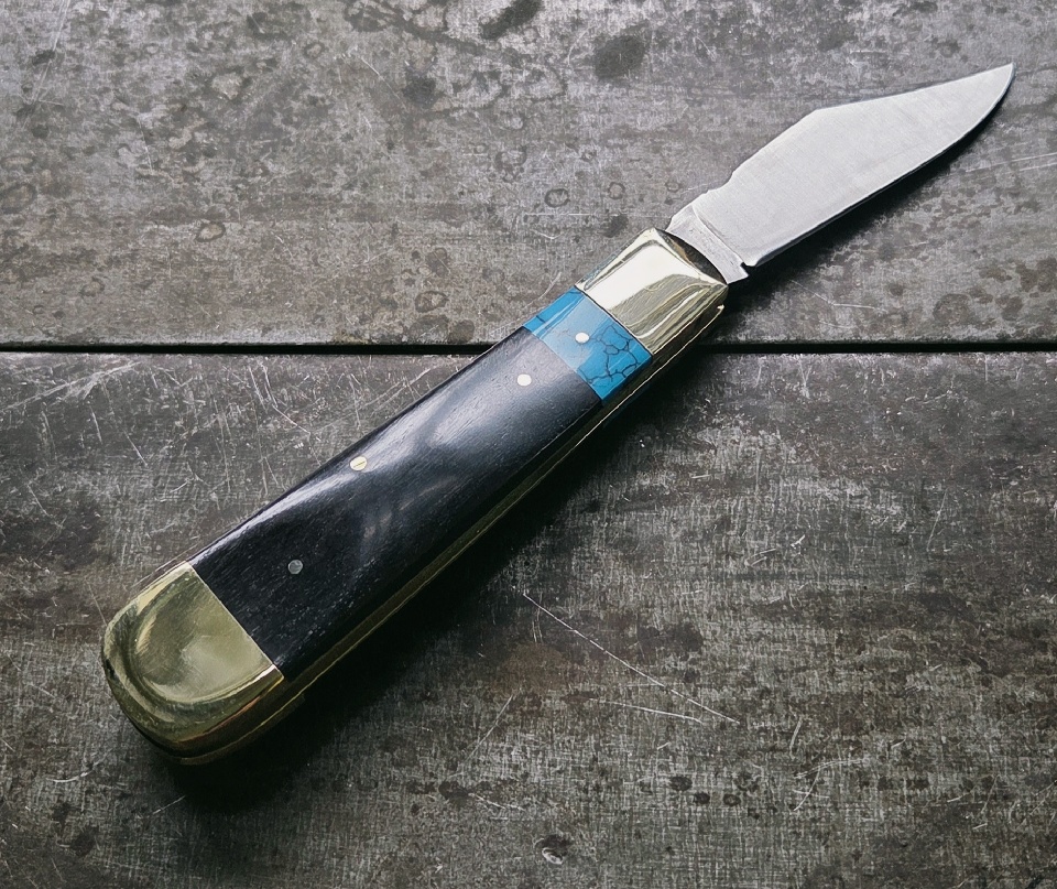 Double Bolstered Clip Point Pocket Knife - Ebony and Turquoise - Image 3